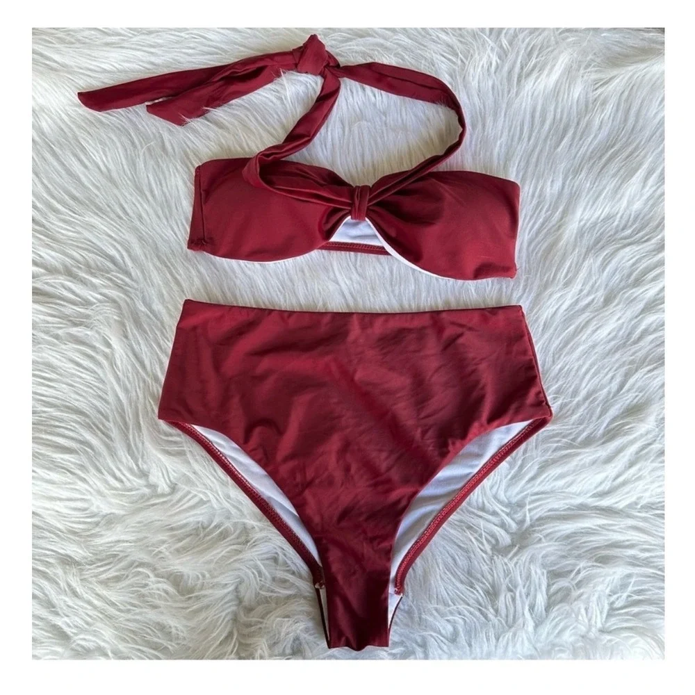Womens Bikini Swimsuit Red High Waisted Bandeau Halter Knot Top Beach Medium